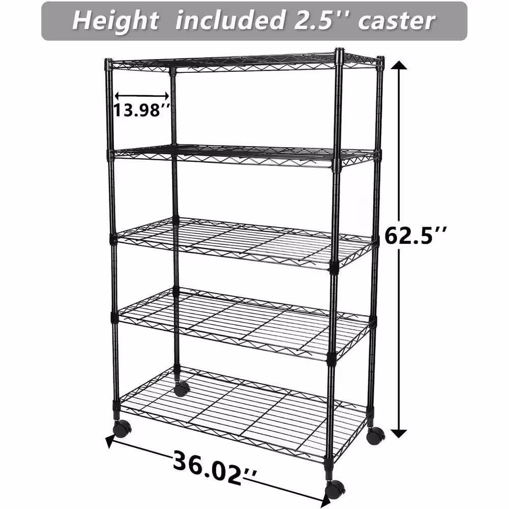 None Black 5-Tier Rolling Heavy Duty Steel Wire Freestanding Garage Storage Shelving Unit (36 in. W x 62 in. H x 14 in. D)