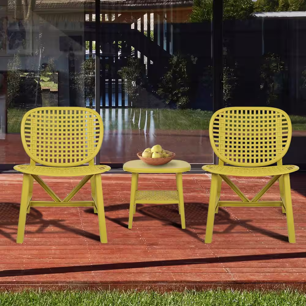 None Yellow 3-Pieces Hollow Design Plastic Patio Conversation Bistro Set with Open Shelf and Lounge Chairs with Widened Seat