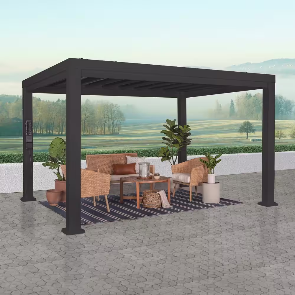 None Trenton 12 ft. x 10 ft. Black Steel Modern Pergola with Sail Shade Soft Canopy