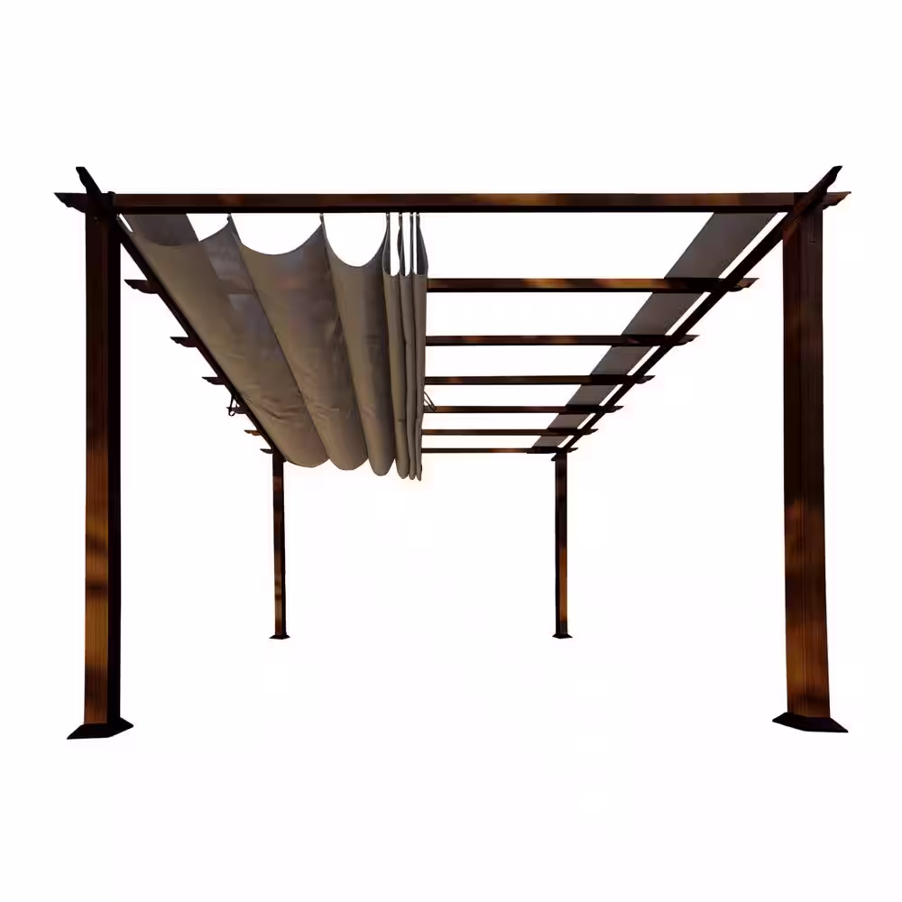 Paragon Outdoor Florence 11 ft. x 11 ft. Aluminum Pergola in Chilean Ipe Finish and Cocoa Canopy