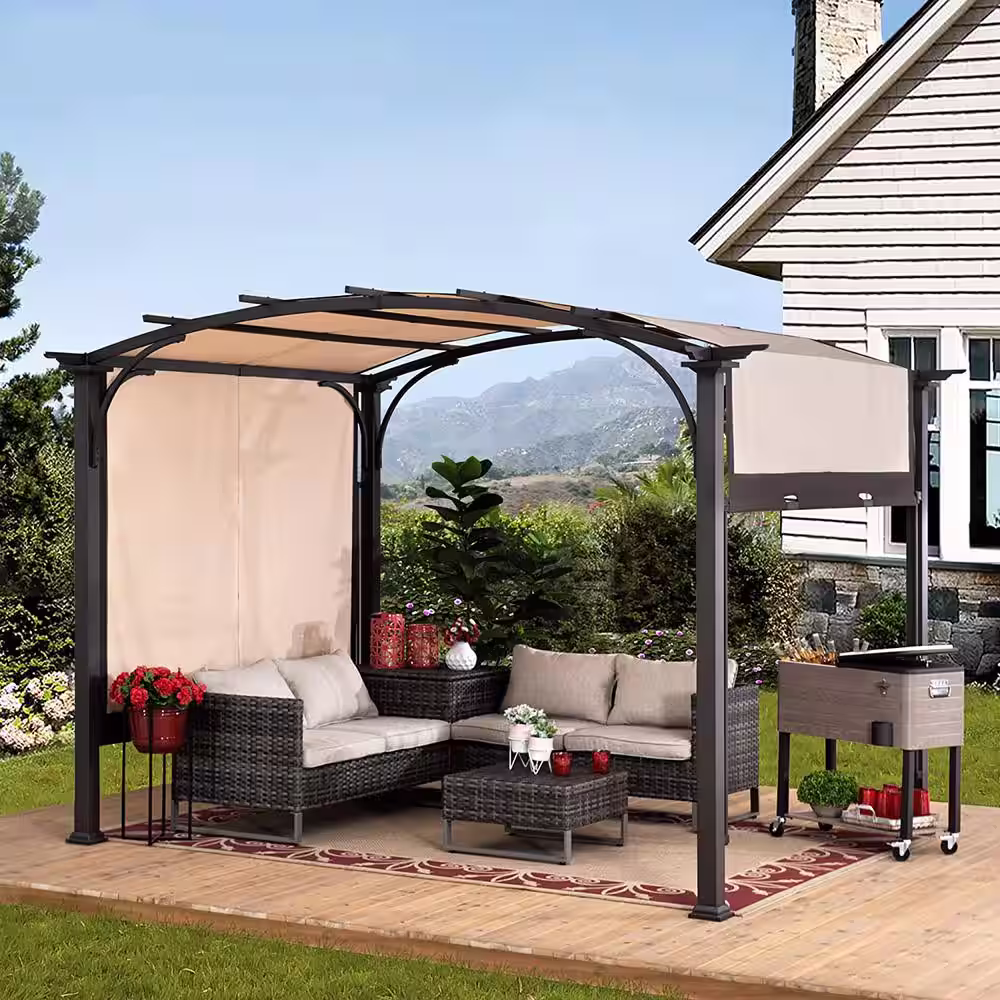 Sunjoy Sherman Oaks 9.5 ft. x 11 ft. Brown Steel Arched Pergola with 2-Tone Adjustable Shade