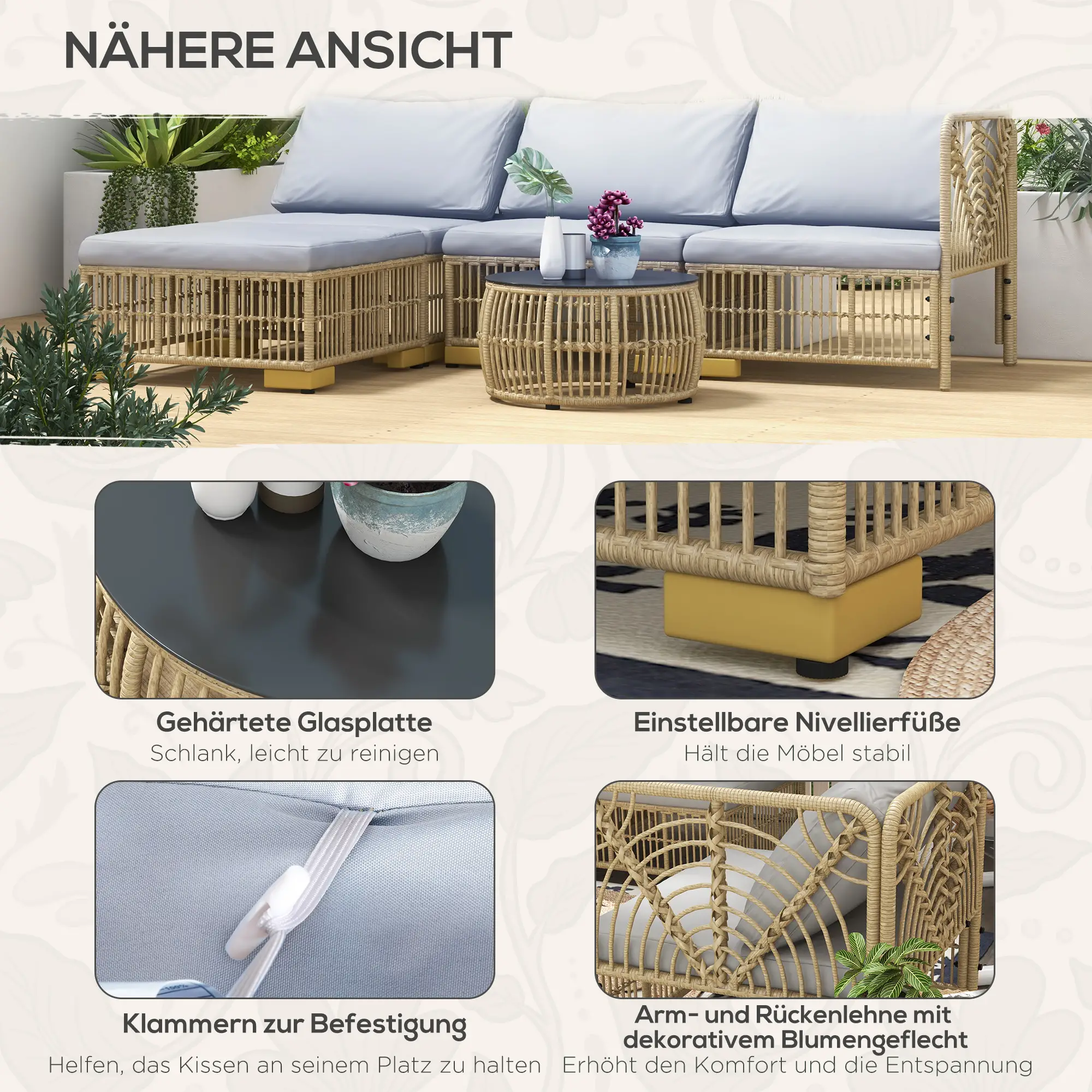 Outsunny Rattan Gartenmöbelset 5-tlg. mit Kissen Outdoor Ecksofa