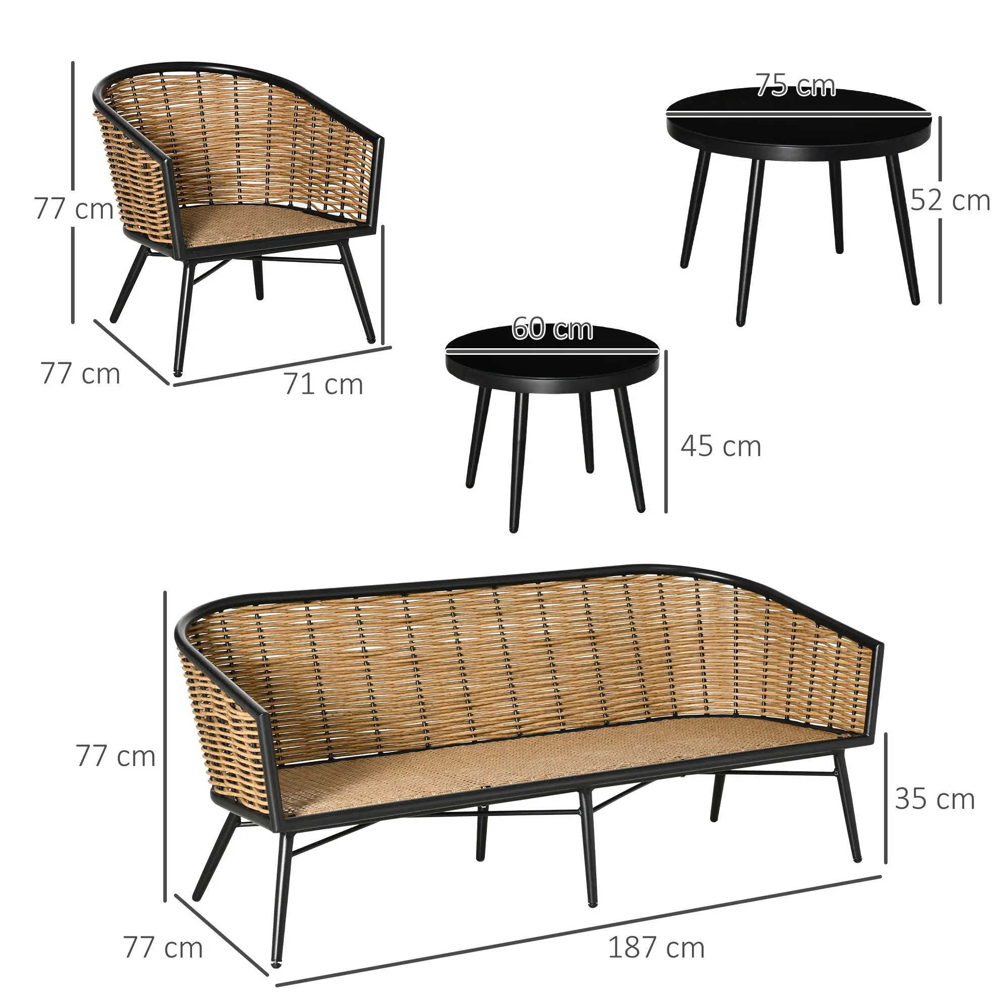 Outsunny Polyrattan Gartenmöbelset 5-tlg. Outdoor Sofa mit 2 Tischen Aluminium