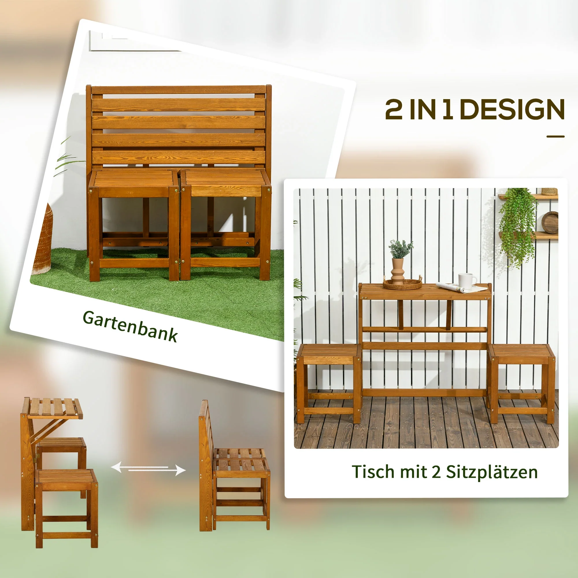 Outsunny Gartenmöbelset 2-in-1 Bank & Tisch Outdoor Lärche