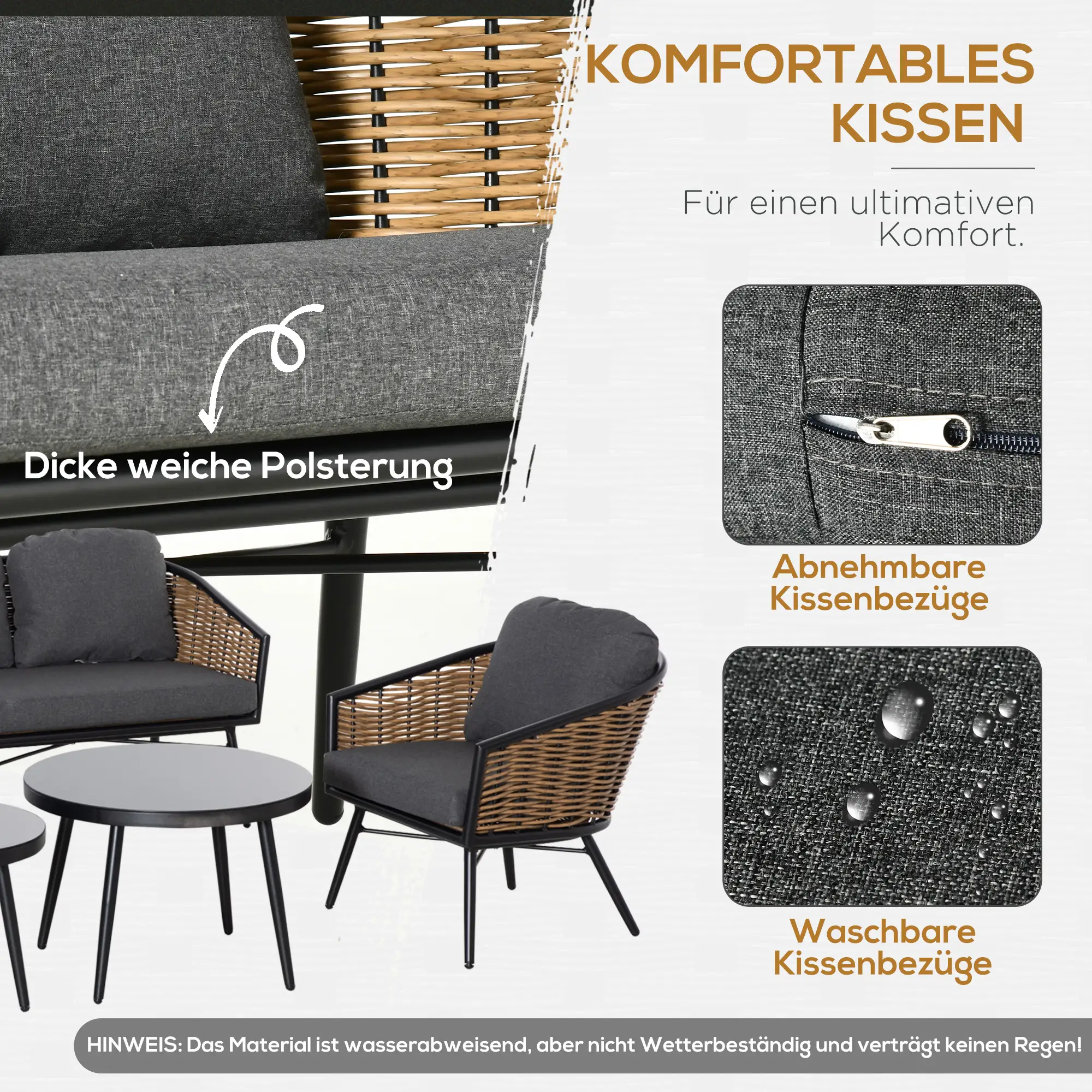 Outsunny Polyrattan Gartenmöbelset 5-tlg. Outdoor Sofa mit 2 Tischen Aluminium