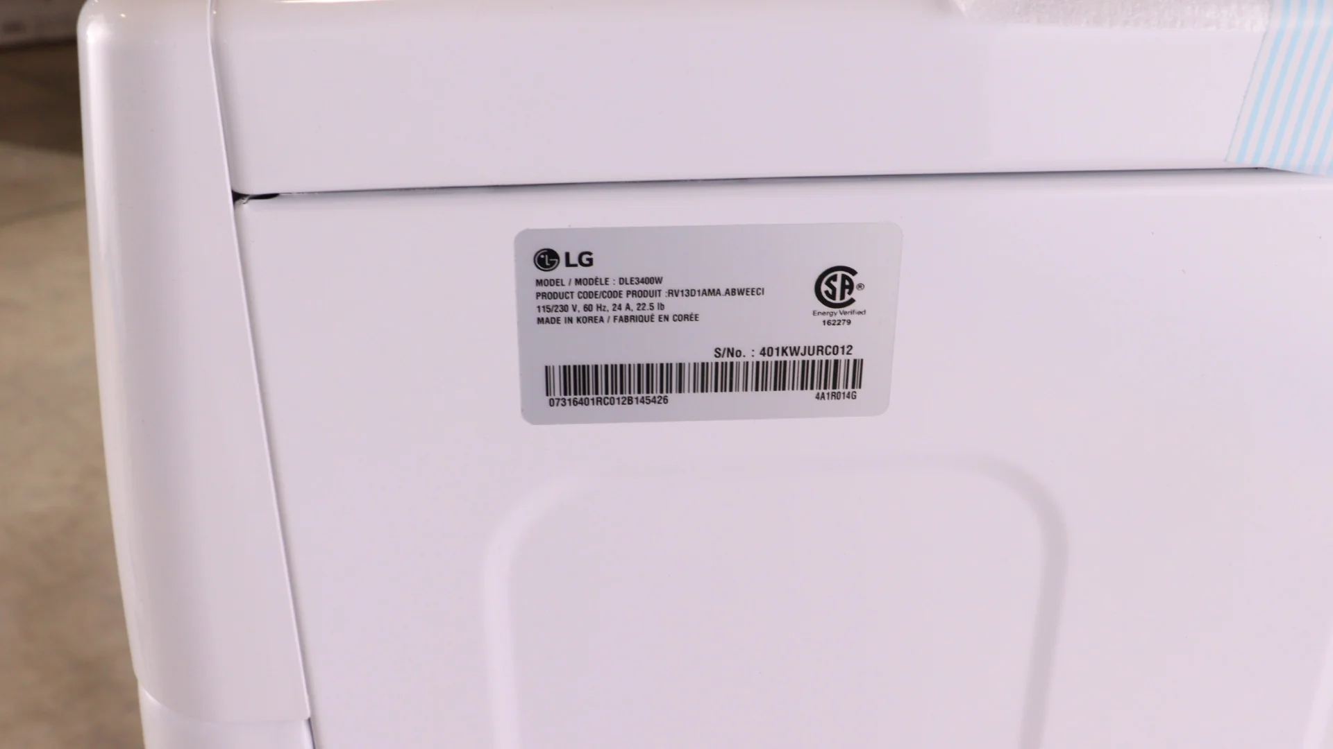 LG WHITE 7.4 CU. FT. ULTRA LARGE CAPACITY ELECTRIC DRYER DLE3400W
