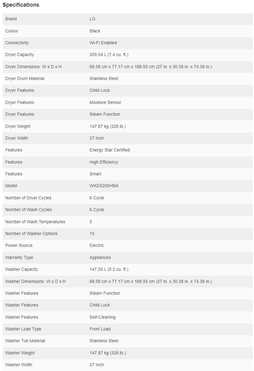 LG BLACK STEEL SINGLE UNIT FRONT LOAD WASHTOWER 5.2 CU. FT. WASHER, 7.4