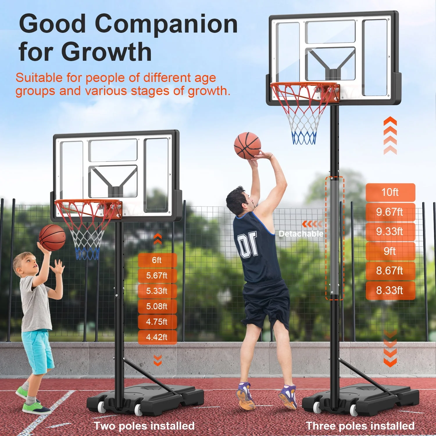 Jorocks 44" Basketball Hoop, 4.410ft Height Adjustable Portable