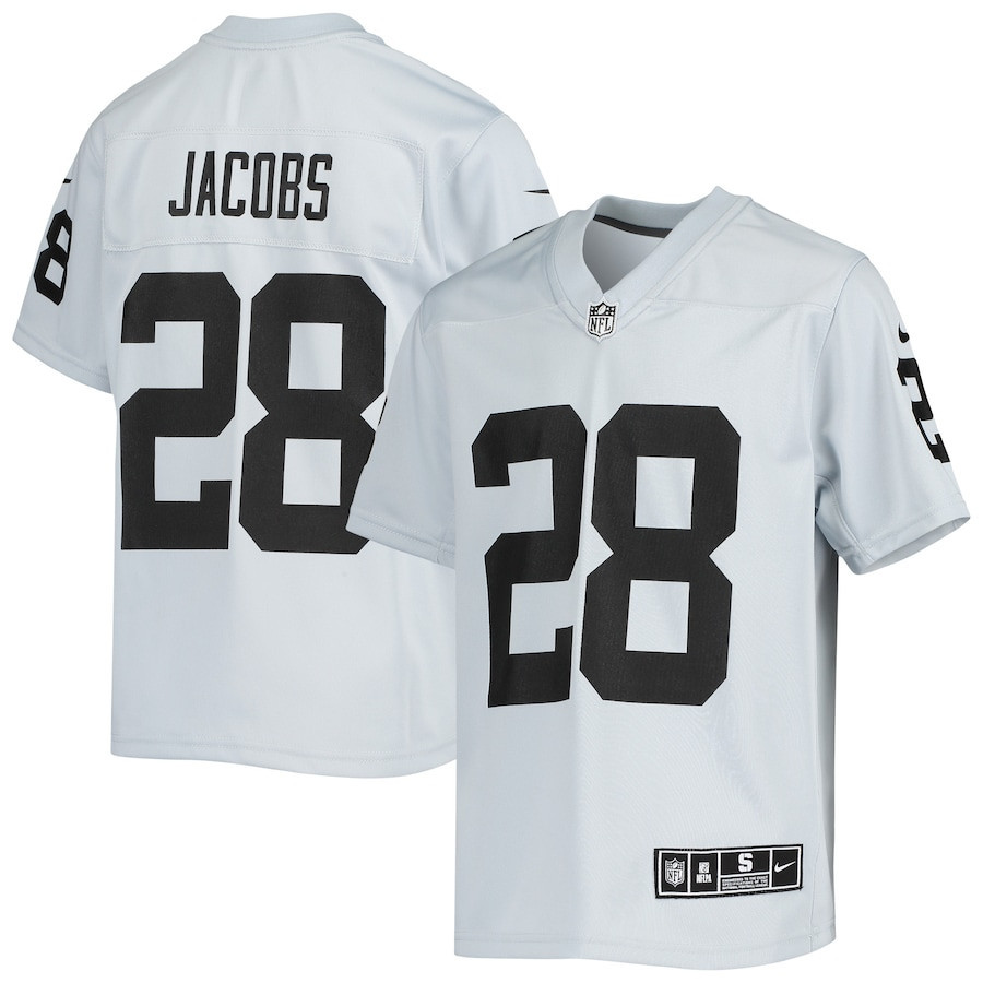 Josh Jacobs 28 Las Vegas Raiders YOUTH Inverted Team Game Jersey - Silver - myjerseyhub