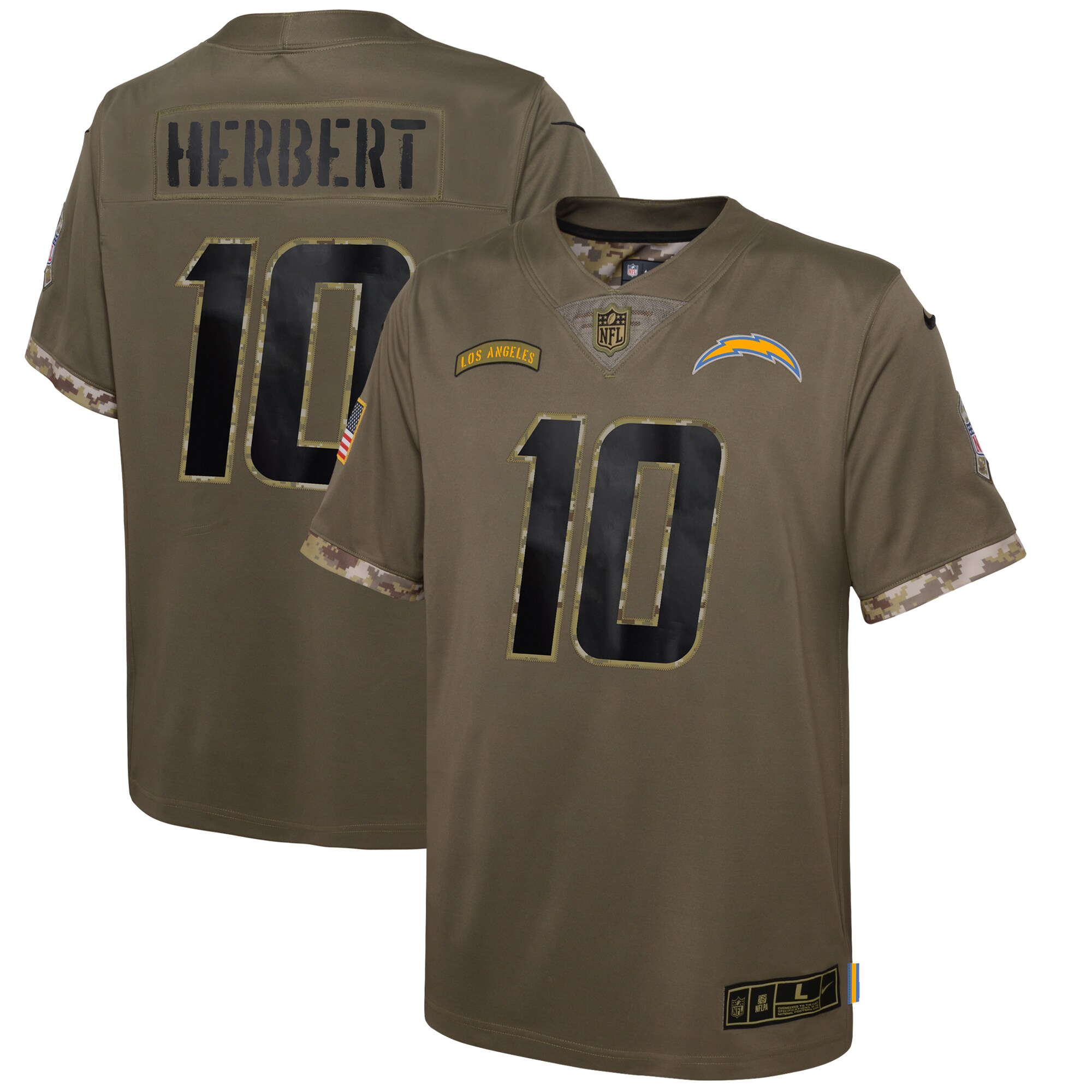 Justin Herbert Los Angeles Chargers Youth 2022 Salute To Service Player Limited Jersey - Olive - myjerseyhub