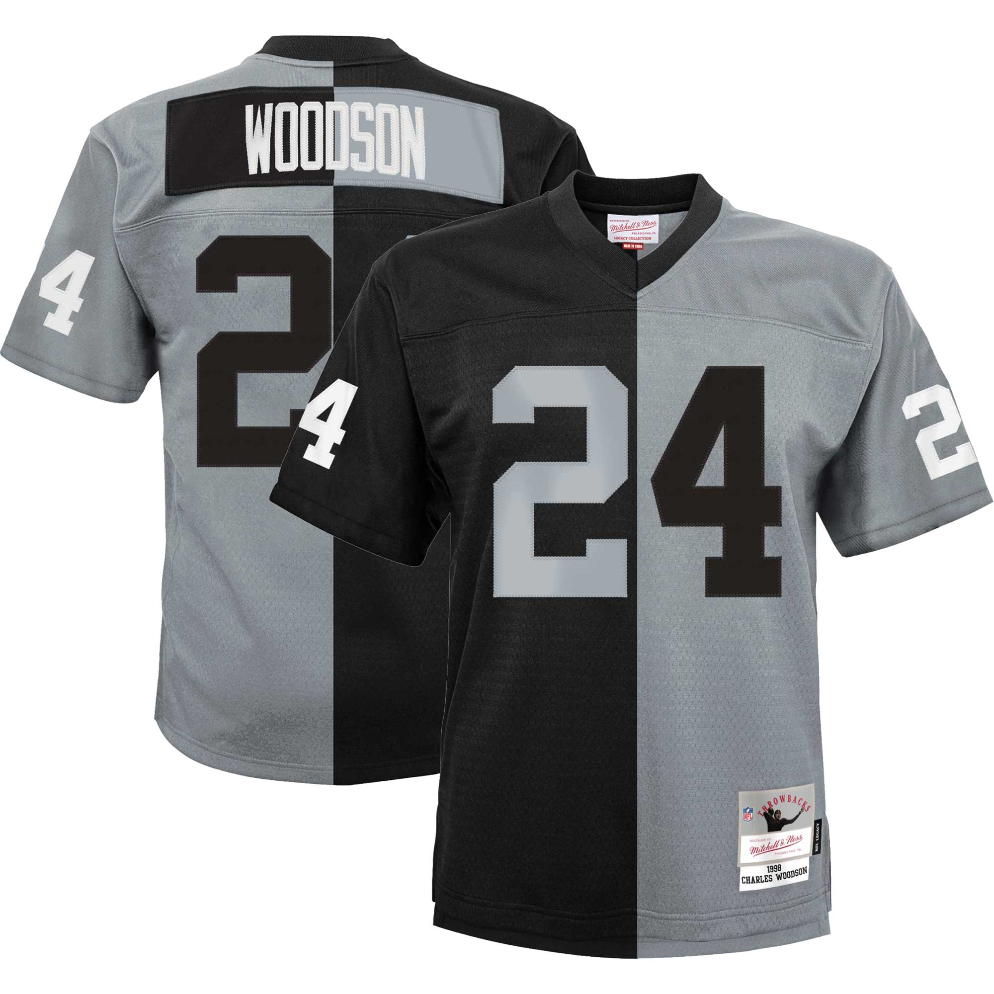 Charles Woodson Las Vegas Raiders Mitchell & Ness Youth Split Legacy Jersey - Black\/Silver - myjerseyhub