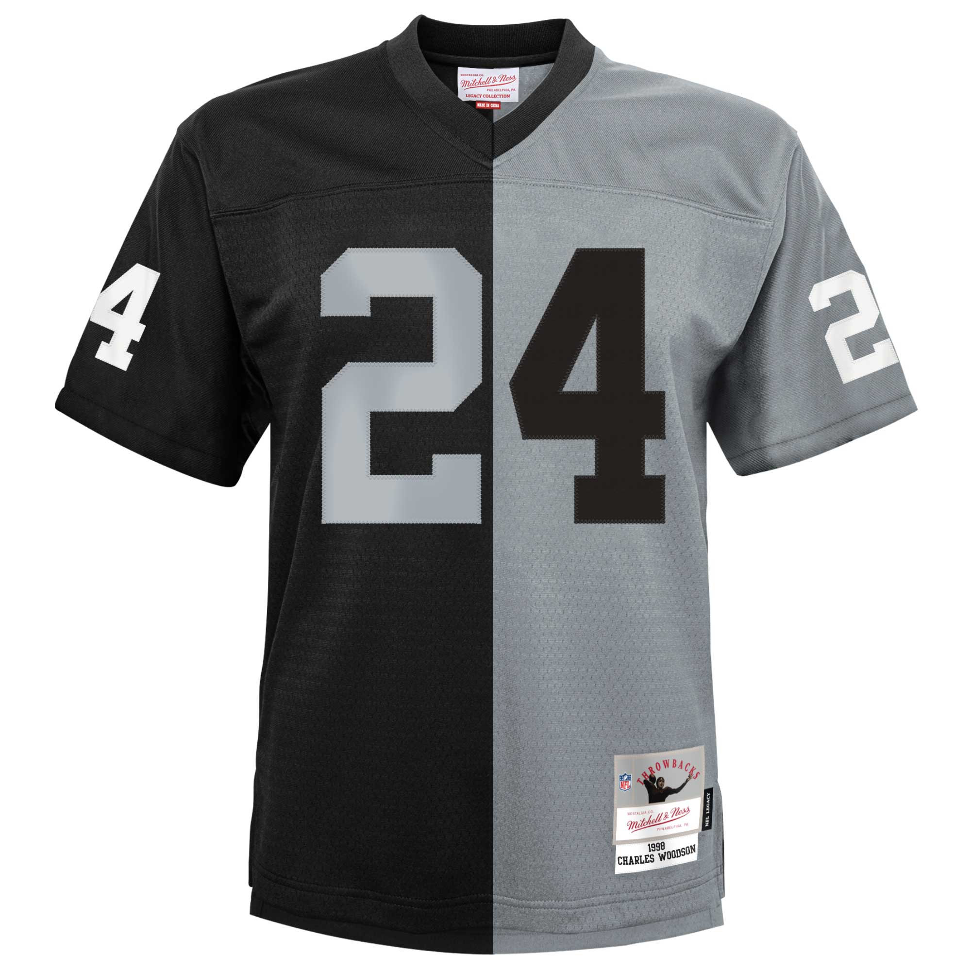 Charles Woodson Las Vegas Raiders Mitchell & Ness Youth Split Legacy Jersey - Black\/Silver - myjerseyhub
