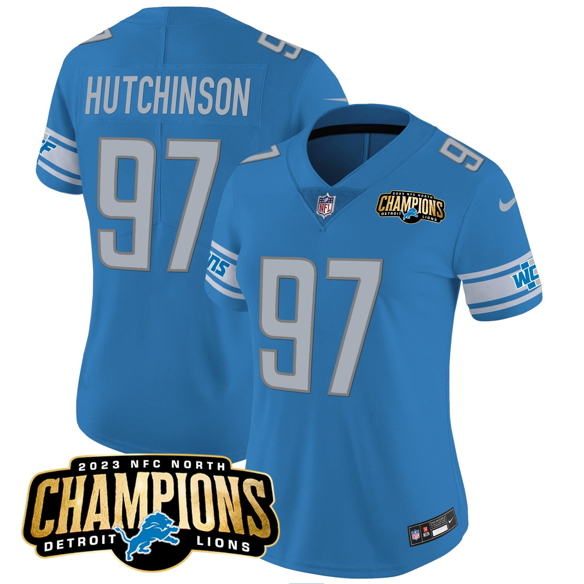 Aidan Hutchinson 97 Detroit Lions 2023 NFC North Champions Patch Women Game Jersey - Blue - myjerseyhub
