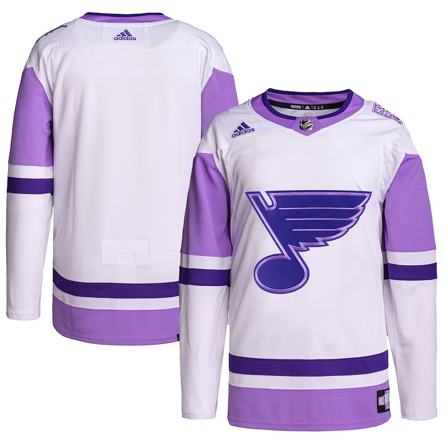 Men's St. Louis Blues White/Purple Hockey Fights Cancer Primegreen Authentic Blank Practice Jersey - myjerseyhub