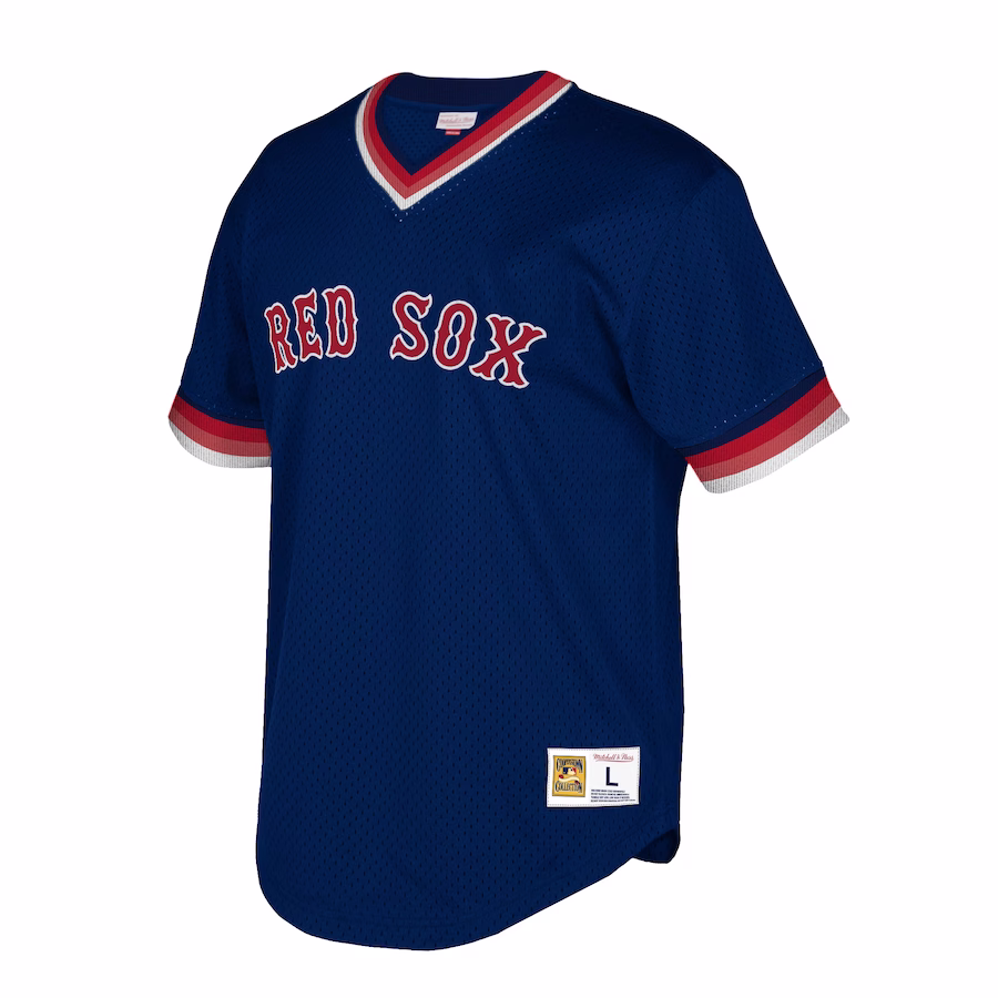 Men's Boston Red Sox Mitchell & Ness Navy Big & Tall Cooperstown Collection Mesh Wordmark V-Neck Jersey - myjerseyhub