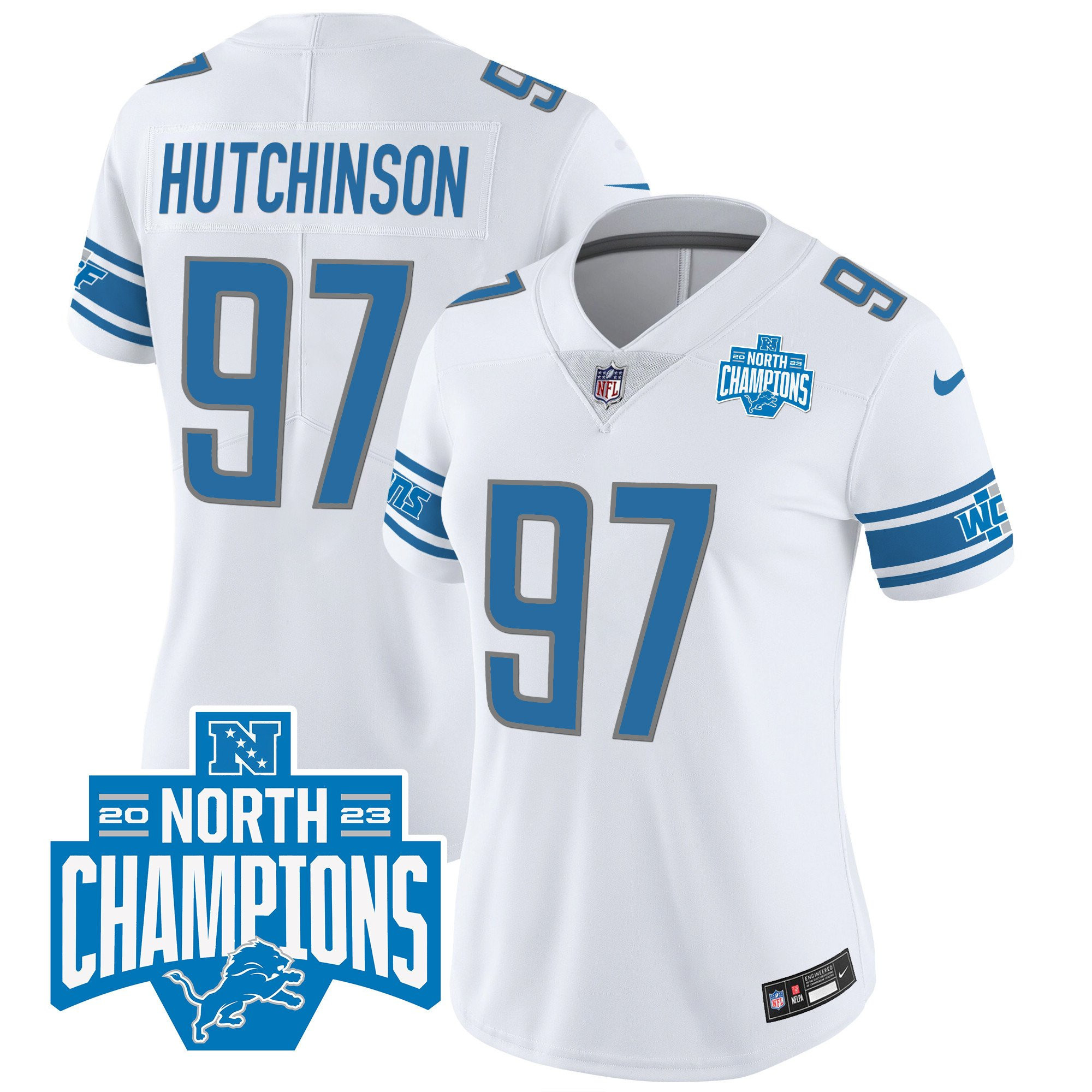 Aidan Hutchinson 97 Detroit Lions 2023 NFC North Division Champions Patch Women Game Jersey - White - myjerseyhub