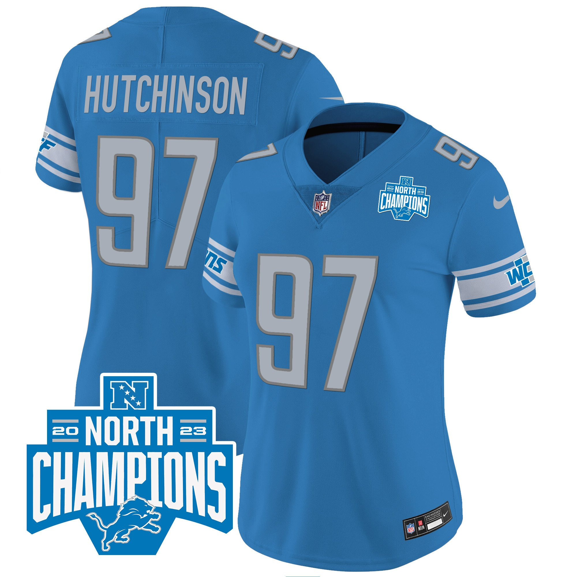 Aidan Hutchinson 97 Detroit Lions 2023 NFC North Division Champions Patch Women Game Jersey - Blue - myjerseyhub