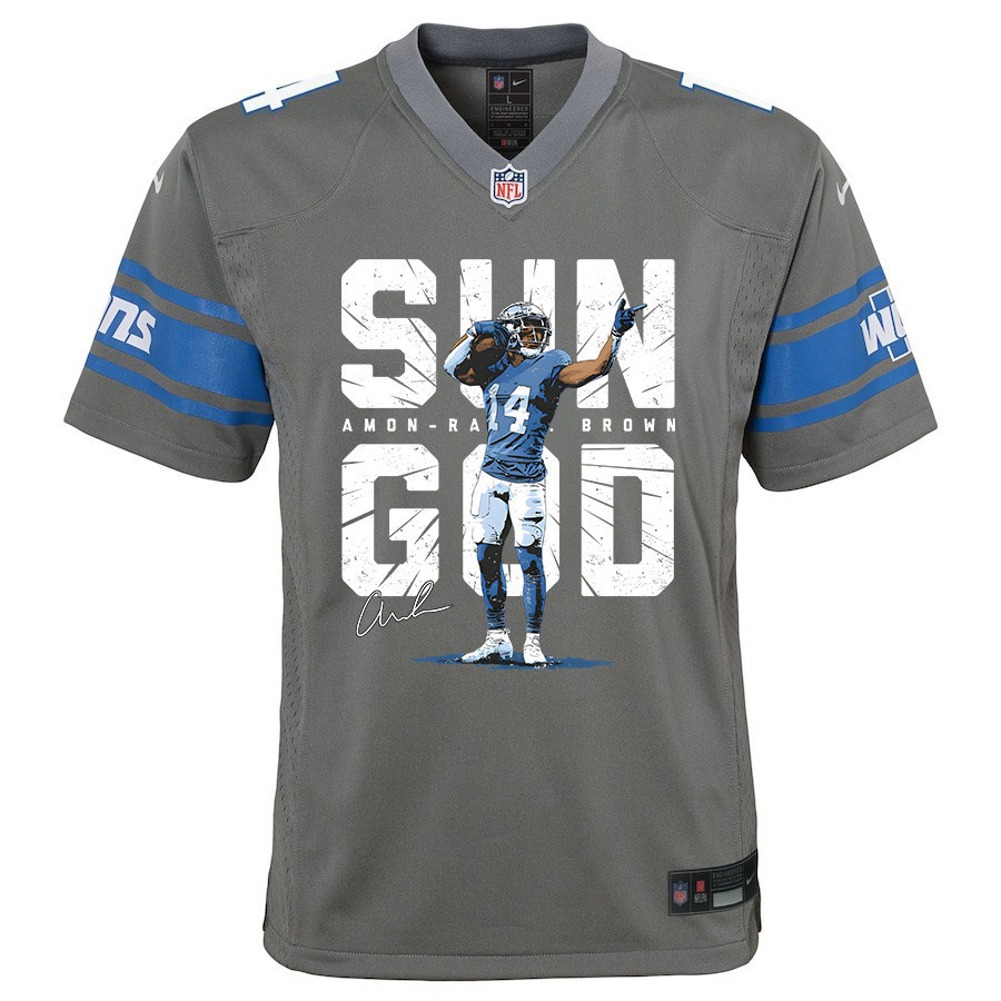 Amon-Ra St. Brown 14 Detroit Lions Signed Scratch Sun God Game YOUTH Jersey - Silver - myjerseyhub