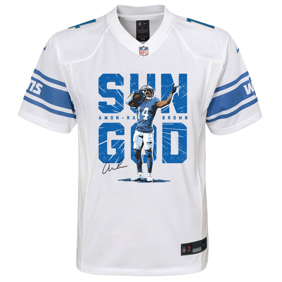 Amon-Ra St. Brown 14 Detroit Lions Signed Scratch Sun God Game YOUTH Jersey - White - myjerseyhub