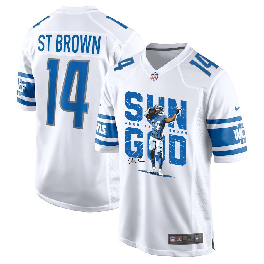 Amon-Ra St. Brown 14 Detroit Lions Signed Scratch Sun God Game Men Jersey - White - myjerseyhub