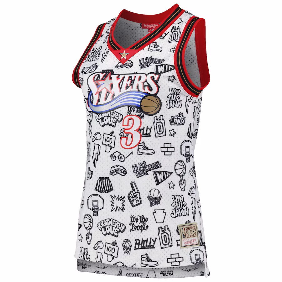 Women's Philadelphia 76ers Allen Iverson Mitchell & Ness White 2000 Doodle Swingman Jersey - myjerseyhub
