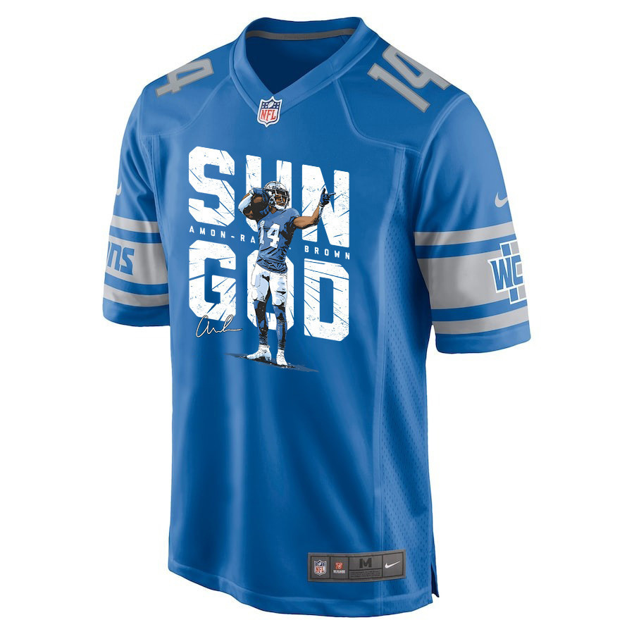 Amon-Ra St. Brown 14 Detroit Lions Signed Scratch Sun God Game Men Jersey - Blue - myjerseyhub