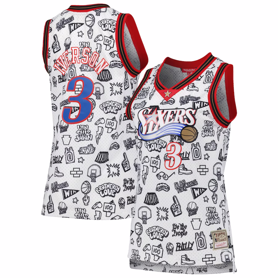 Women's Philadelphia 76ers Allen Iverson Mitchell & Ness White 2000 Doodle Swingman Jersey - myjerseyhub