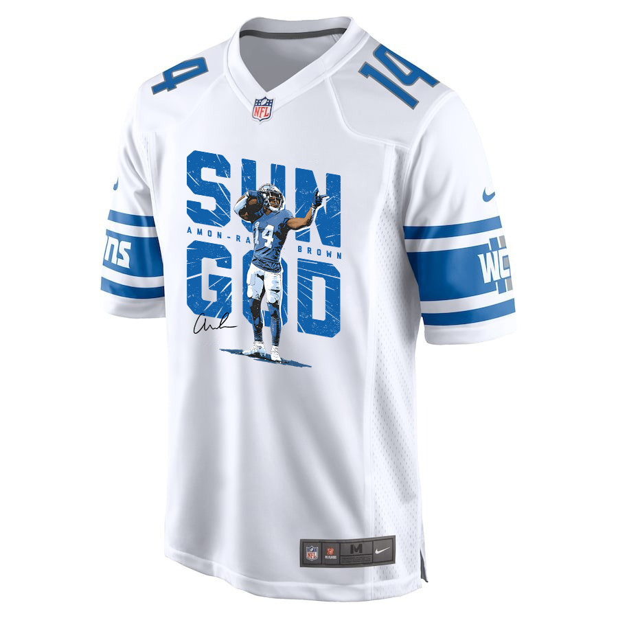 Amon-Ra St. Brown 14 Detroit Lions Signed Scratch Sun God Game Men Jersey - White - myjerseyhub