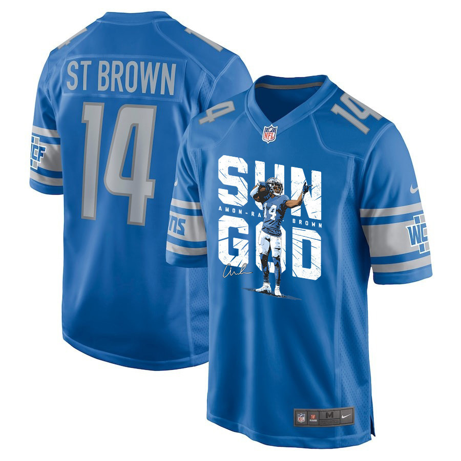 Amon-Ra St. Brown 14 Detroit Lions Signed Scratch Sun God Game Men Jersey - Blue - myjerseyhub
