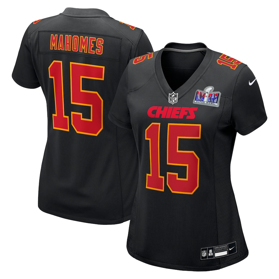 Womens Kansas City Chiefs Patrick Mahomes Black Super Bowl LVIII Carbon Fashion Game Player Jersey - myjerseyhub