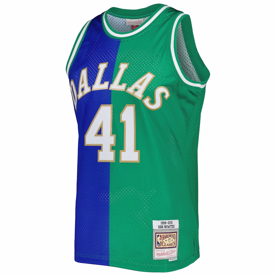 Men's Dallas Mavericks Dirk Nowitzki Mitchell & Ness Blue/Green Hardwood Classics 1998/2019 Split Swingman Jersey - myjerseyhub