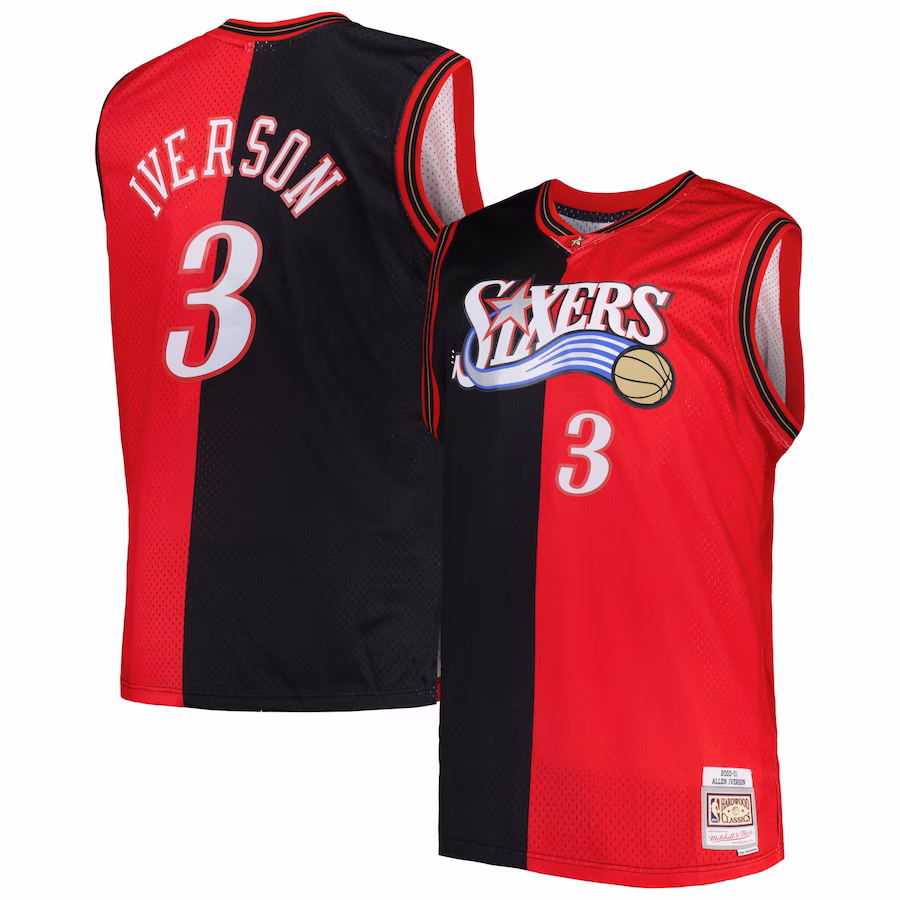Men's Philadelphia 76ers Mitchell & Ness Black/Red Big & Tall Hardwood Classics 2000/01 Split Swingman Jersey - myjerseyhub