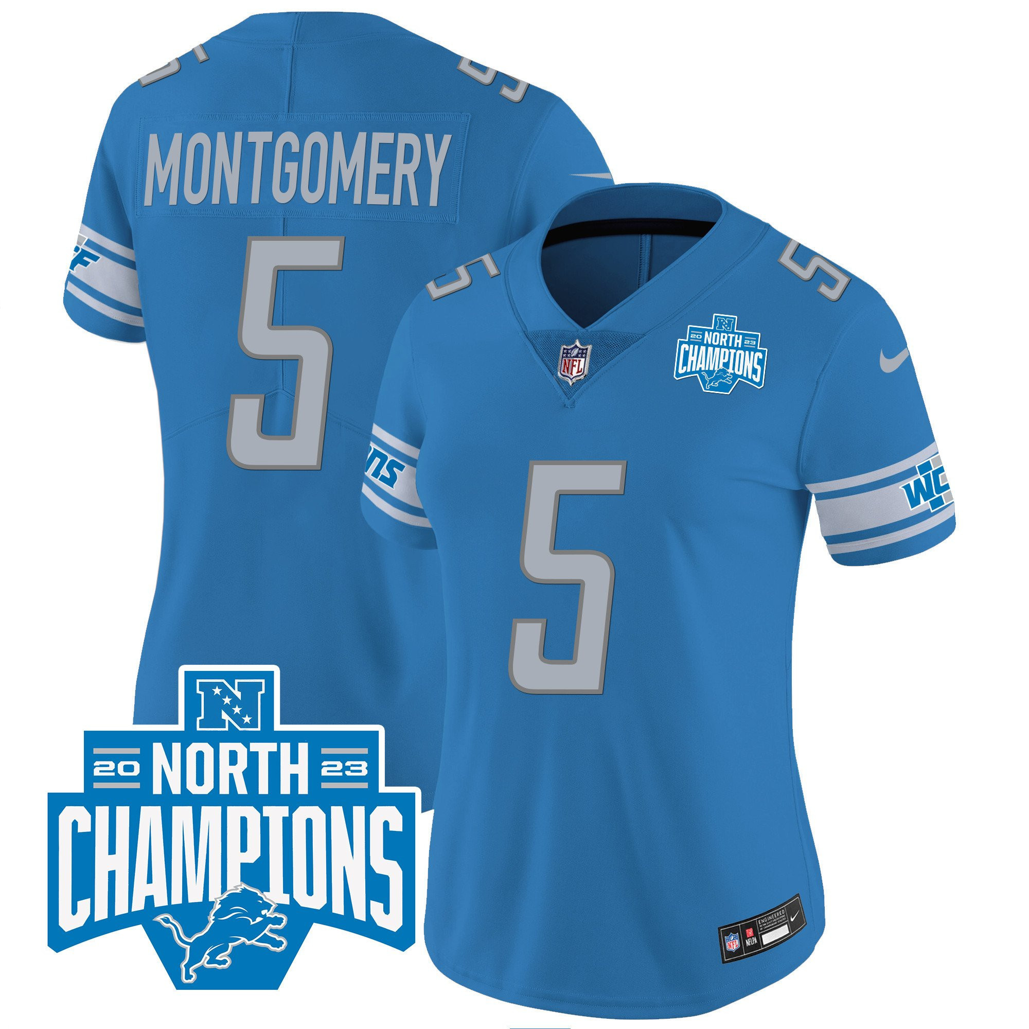 David Montgomery 5 Detroit Lions 2023 NFC North Division Champions Patch Women Game Jersey - Blue - myjerseyhub