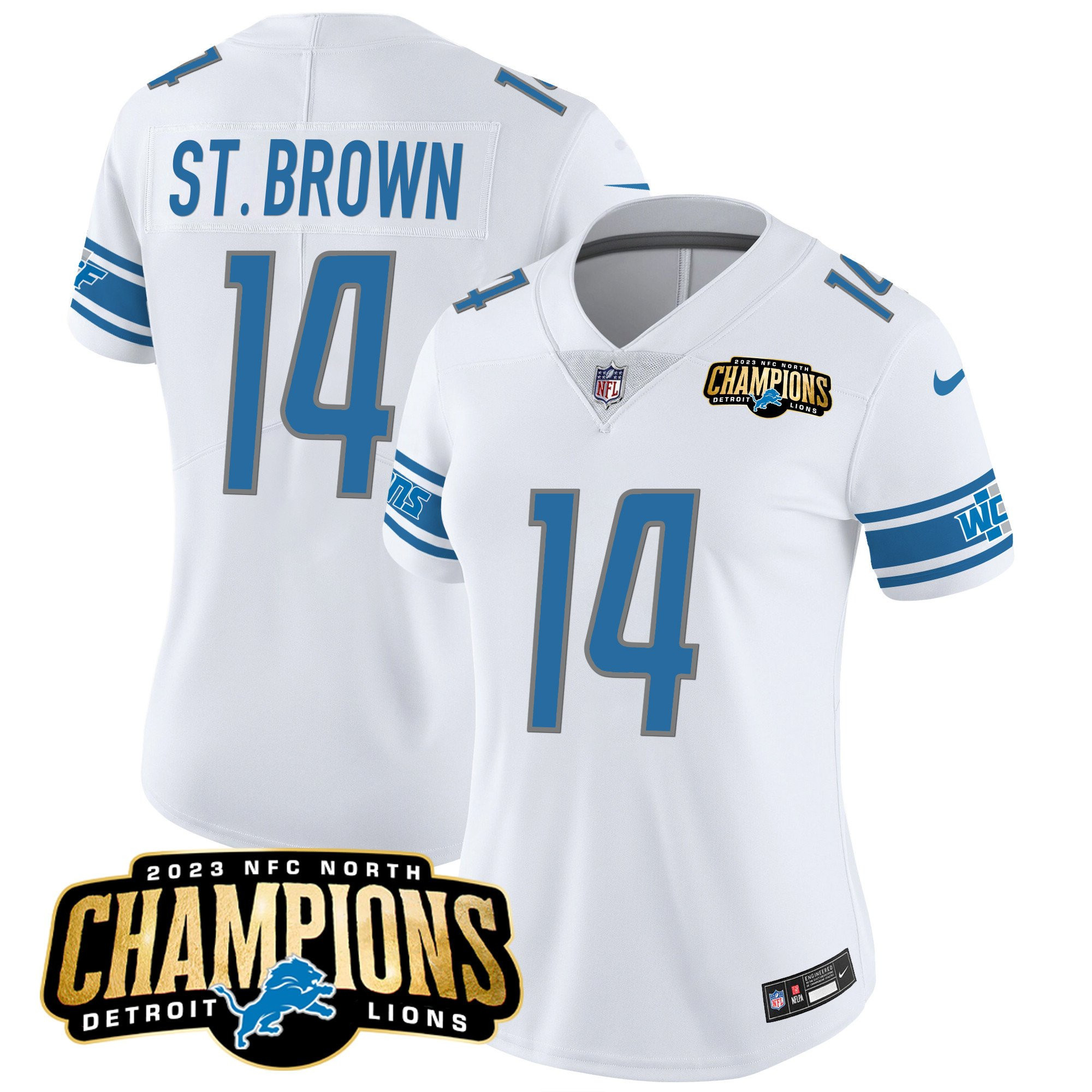 Amon-Ra St. Brown 14 Detroit Lions 2023 NFC North Champions Patch Women Game Jersey - White - myjerseyhub