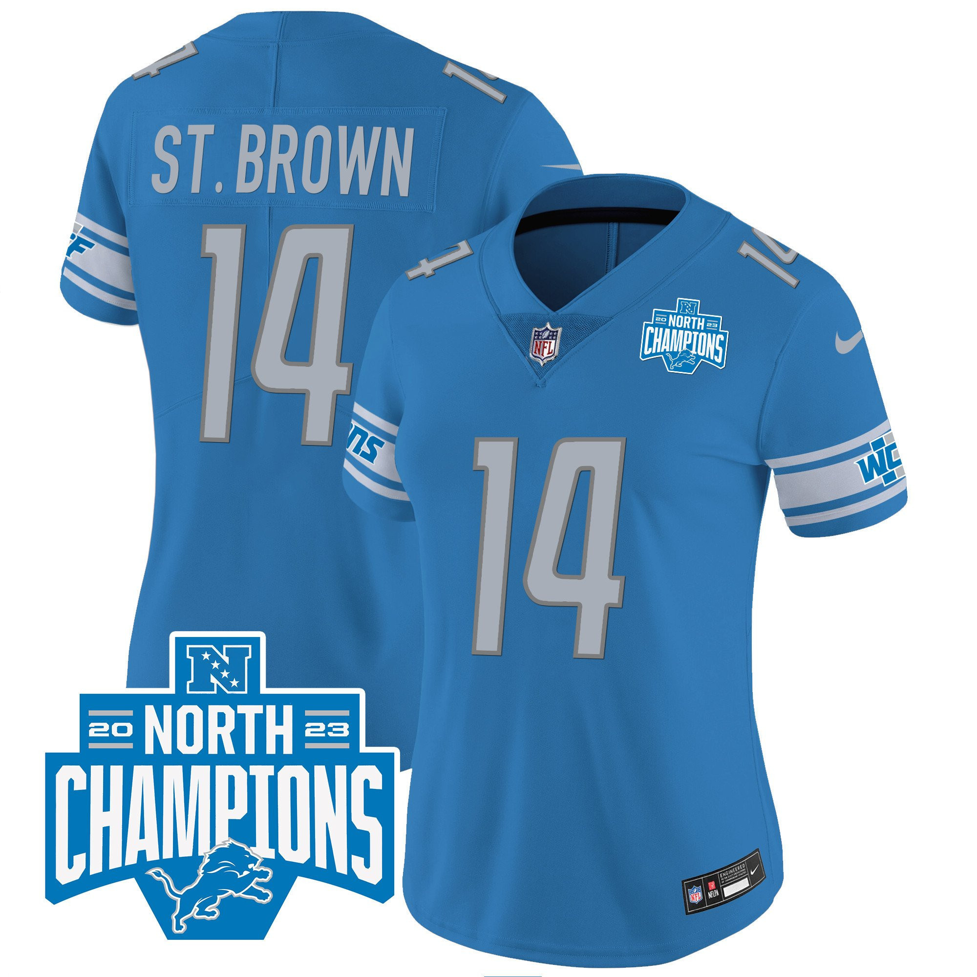 Amon-Ra St. Brown 14 Detroit Lions 2023 NFC North Division Champions Patch Women Game Jersey - Blue - myjerseyhub