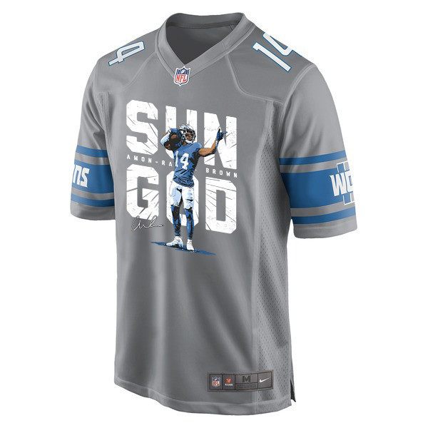 Amon-Ra St. Brown 14 Detroit Lions Signed Scratch Sun God Game Men Jersey - Silver - myjerseyhub