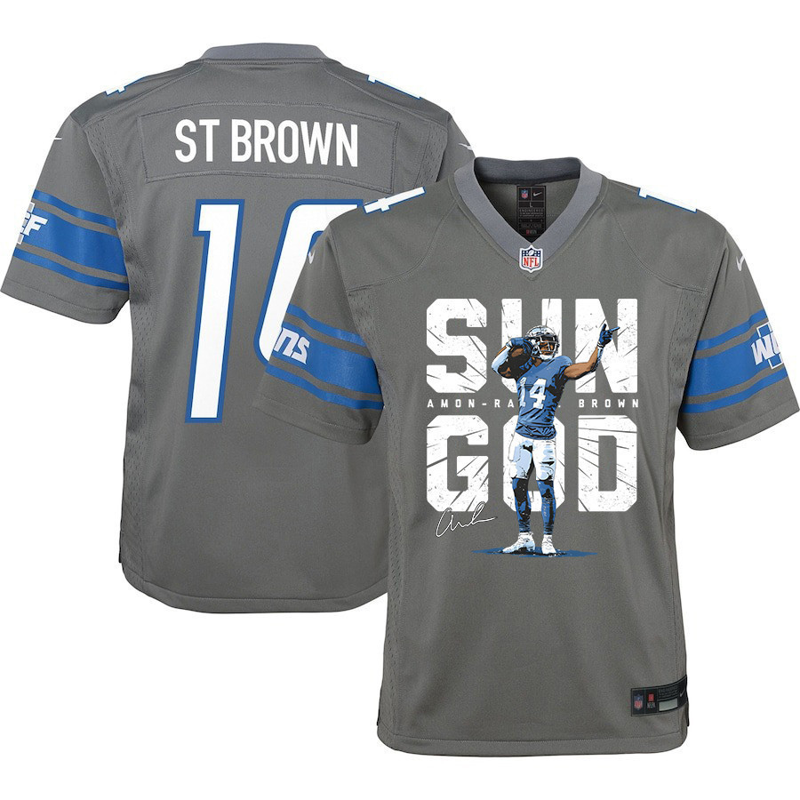Amon-Ra St. Brown 14 Detroit Lions Signed Scratch Sun God Game YOUTH Jersey - Silver - myjerseyhub