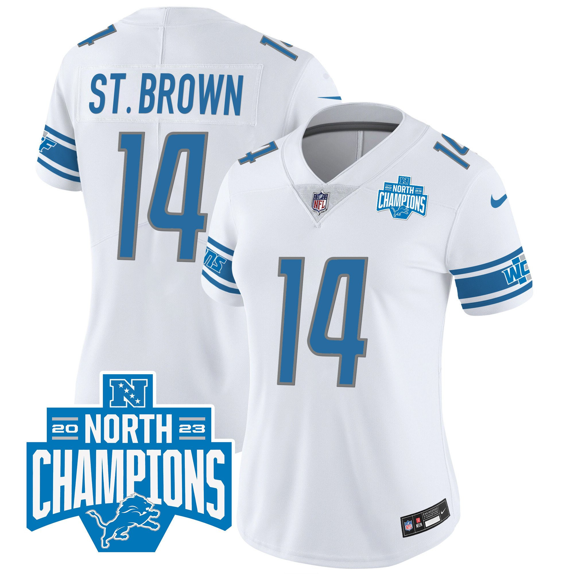Amon-Ra St. Brown 14 Detroit Lions 2023 NFC North Division Champions Patch Women Game Jersey - White - myjerseyhub