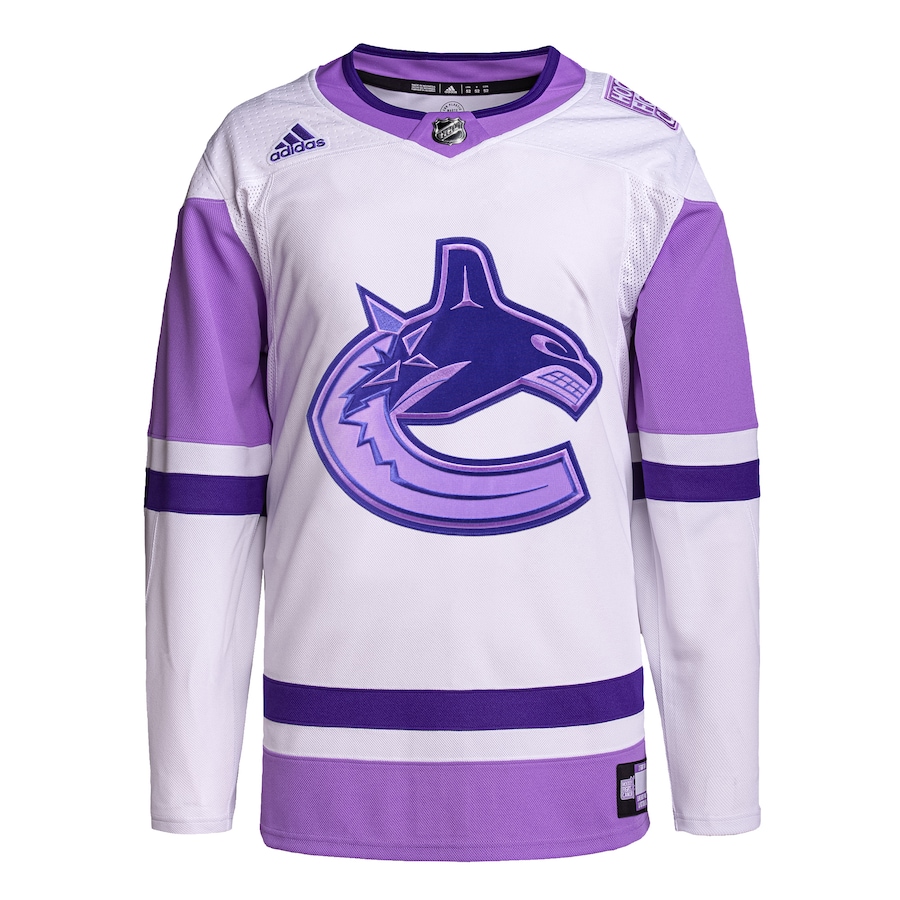 Men's Vancouver Canucks White/Purple Hockey Fights Cancer Primegreen Authentic Blank Practice Jersey - myjerseyhub