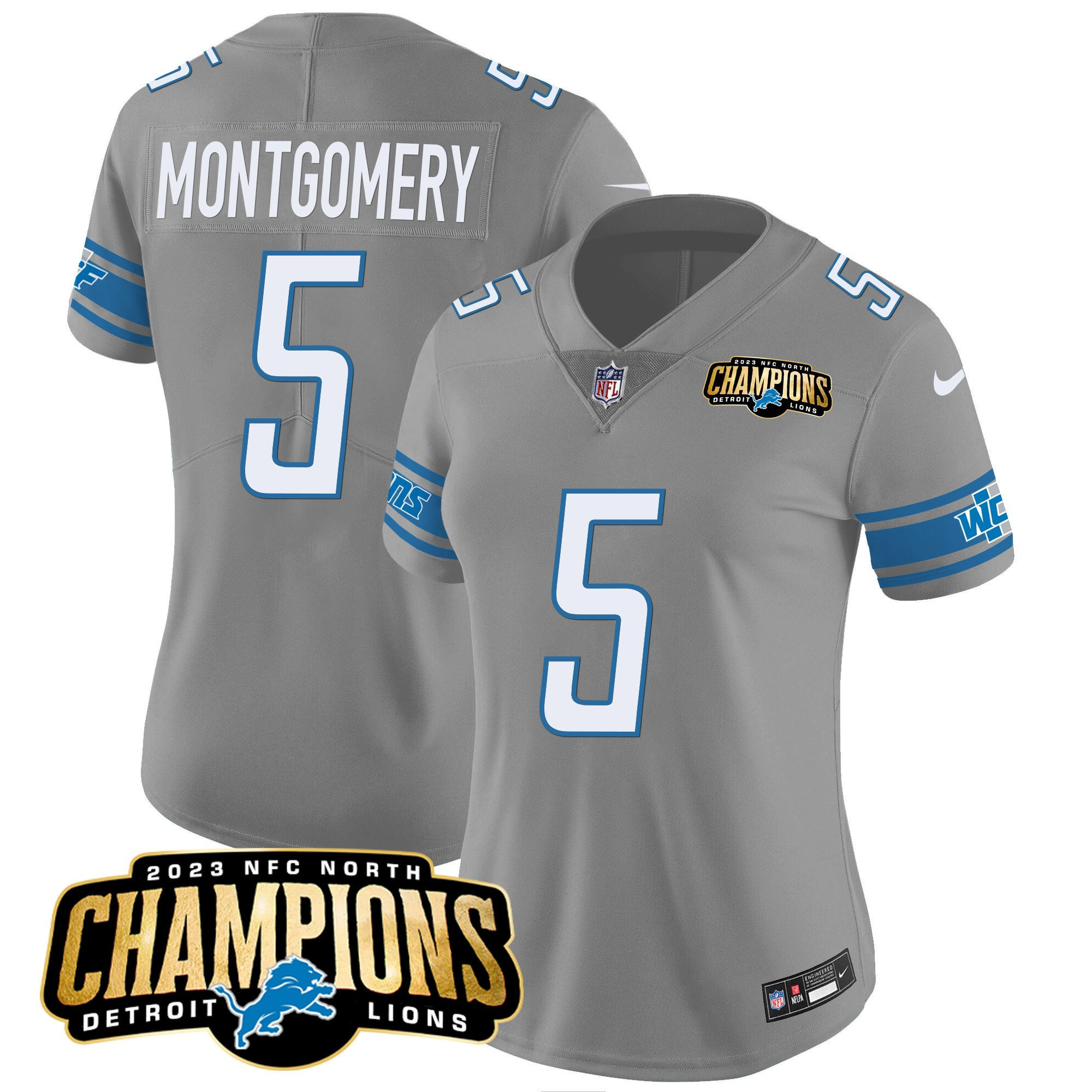 David Montgomery 5 Detroit Lions 2023 NFC North Champions Patch Women Game Jersey - Gray - myjerseyhub