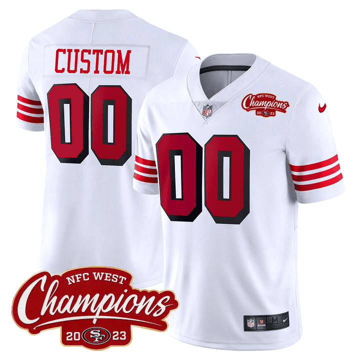 San Francisco 49ers 94 Throwback 2023 NFC West Champions Patch Game Men Custom Jersey - White - myjerseyhub
