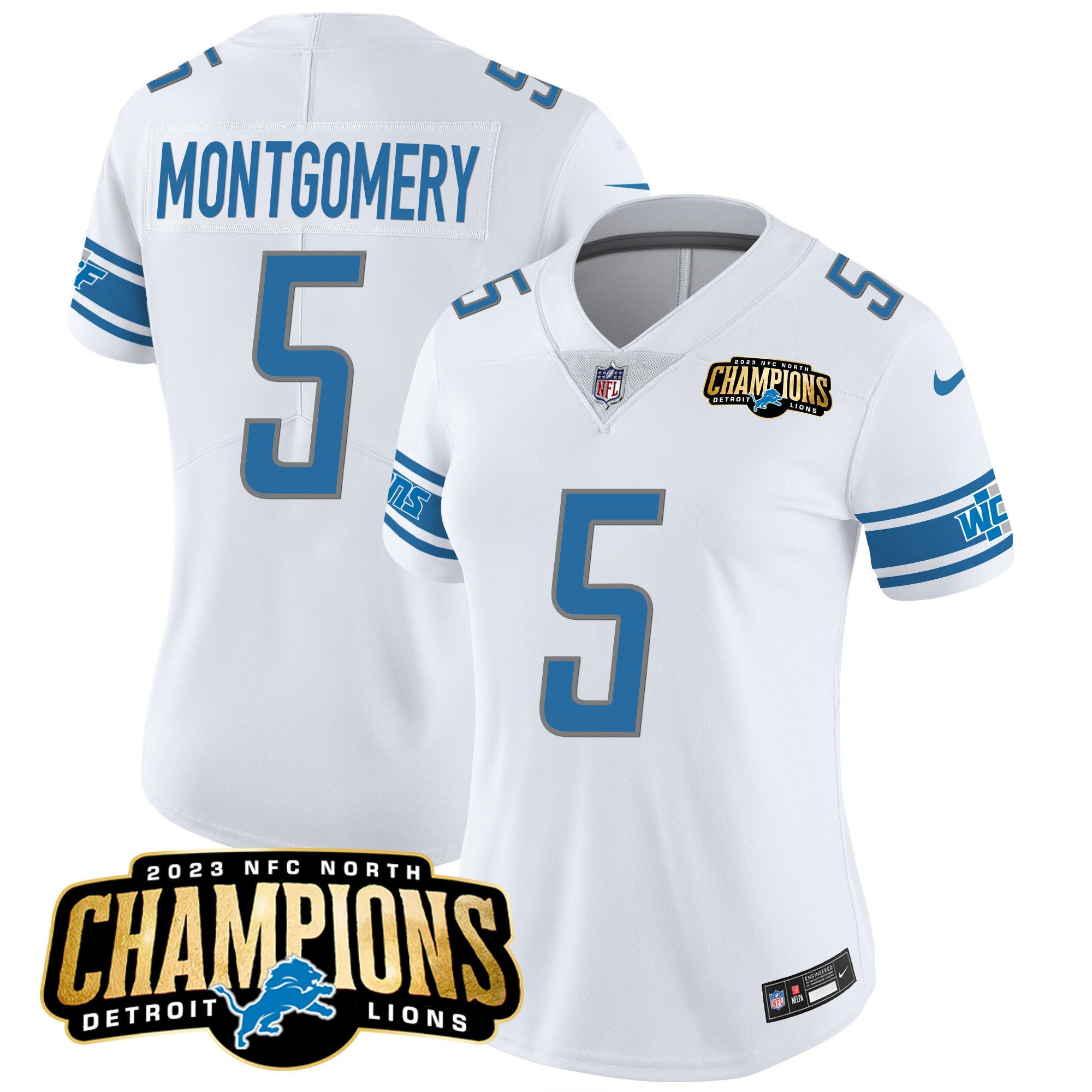 David Montgomery 5 Detroit Lions 2023 NFC North Champions Patch Women Game Jersey - White - myjerseyhub