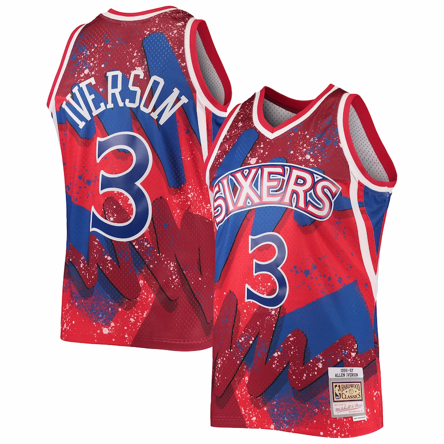 Men's Philadelphia 76ers Allen Iverson Mitchell & Ness Red Hardwood Classics 1996/97 Hyper Hoops Swingman Jersey - myjerseyhub