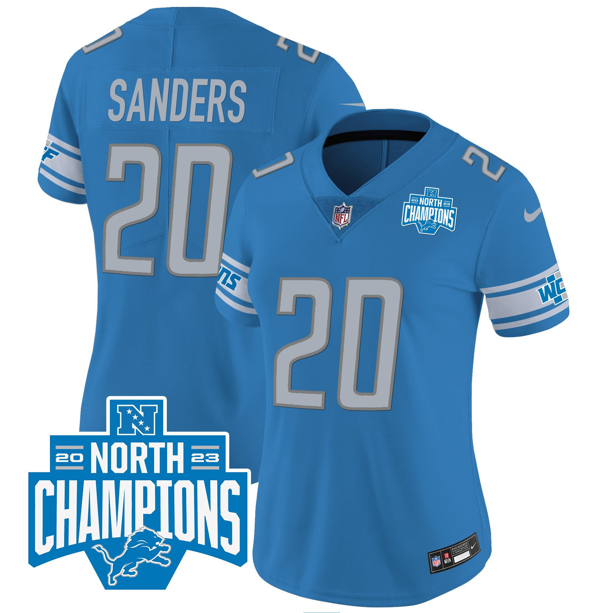 Barry Sanders 20 Detroit Lions 2023 NFC North Division Champions Patch Women Game Jersey - Blue - myjerseyhub