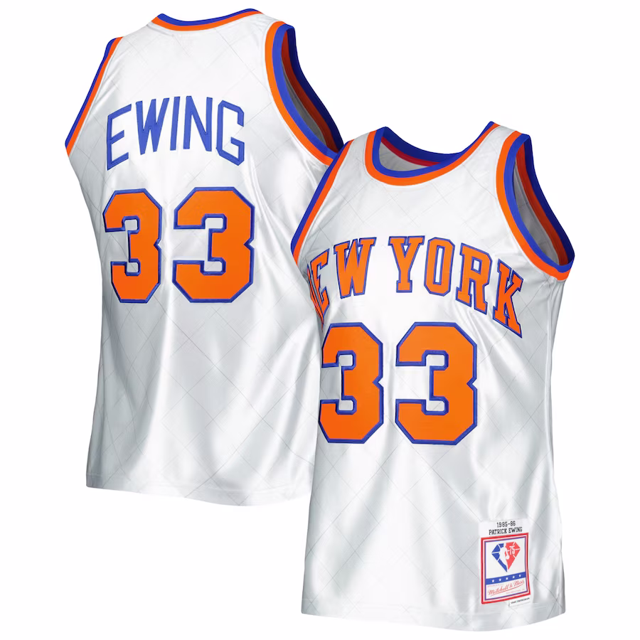 Men's New York Knicks Patrick Ewing Mitchell & Ness Platinum 1985/86 Hardwood Classics 75th Anniversary Swingman Jersey - myjerseyhub
