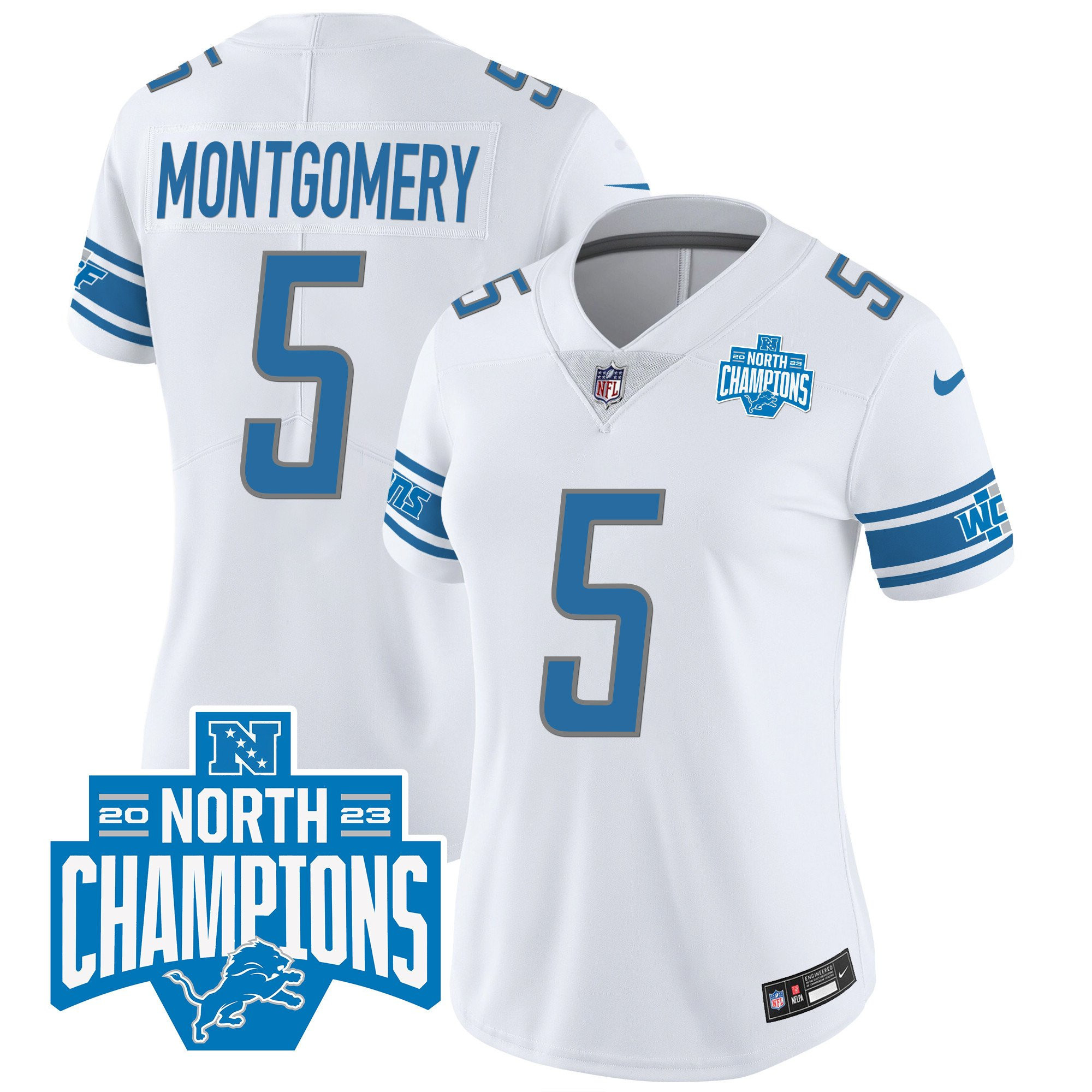 David Montgomery 5 Detroit Lions 2023 NFC North Division Champions Patch Women Game Jersey - White - myjerseyhub