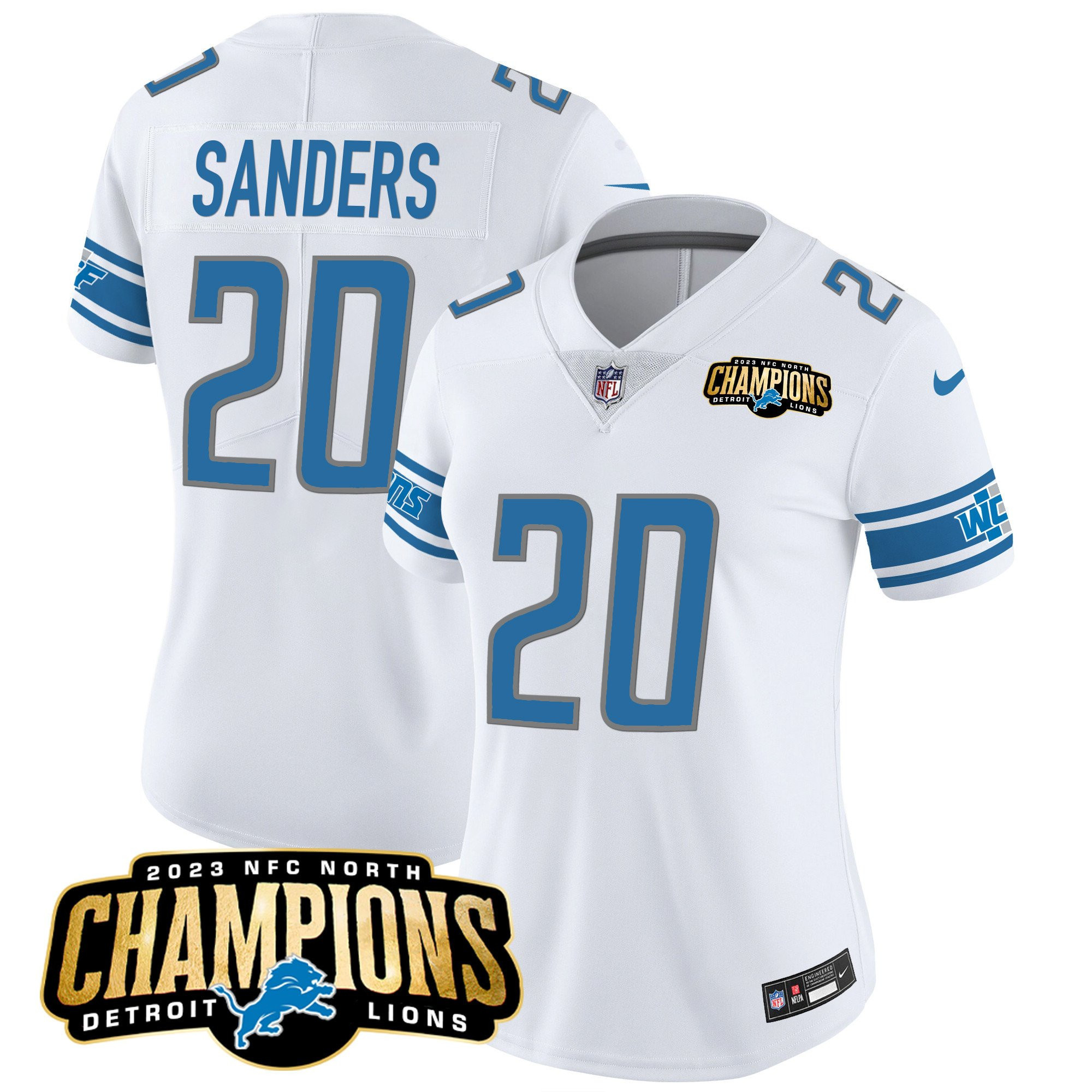 Barry Sanders 20 Detroit Lions 2023 NFC North Champions Patch Women Game Jersey - White - myjerseyhub