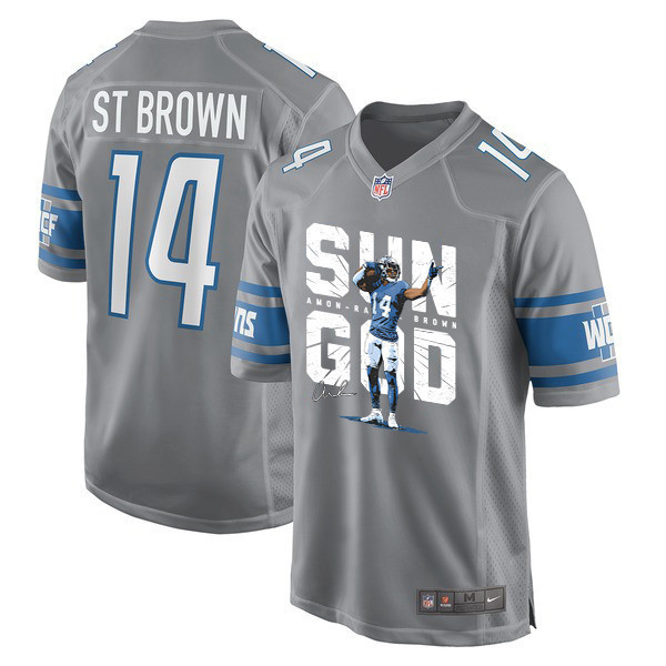 Amon-Ra St. Brown 14 Detroit Lions Signed Scratch Sun God Game Men Jersey - Silver - myjerseyhub