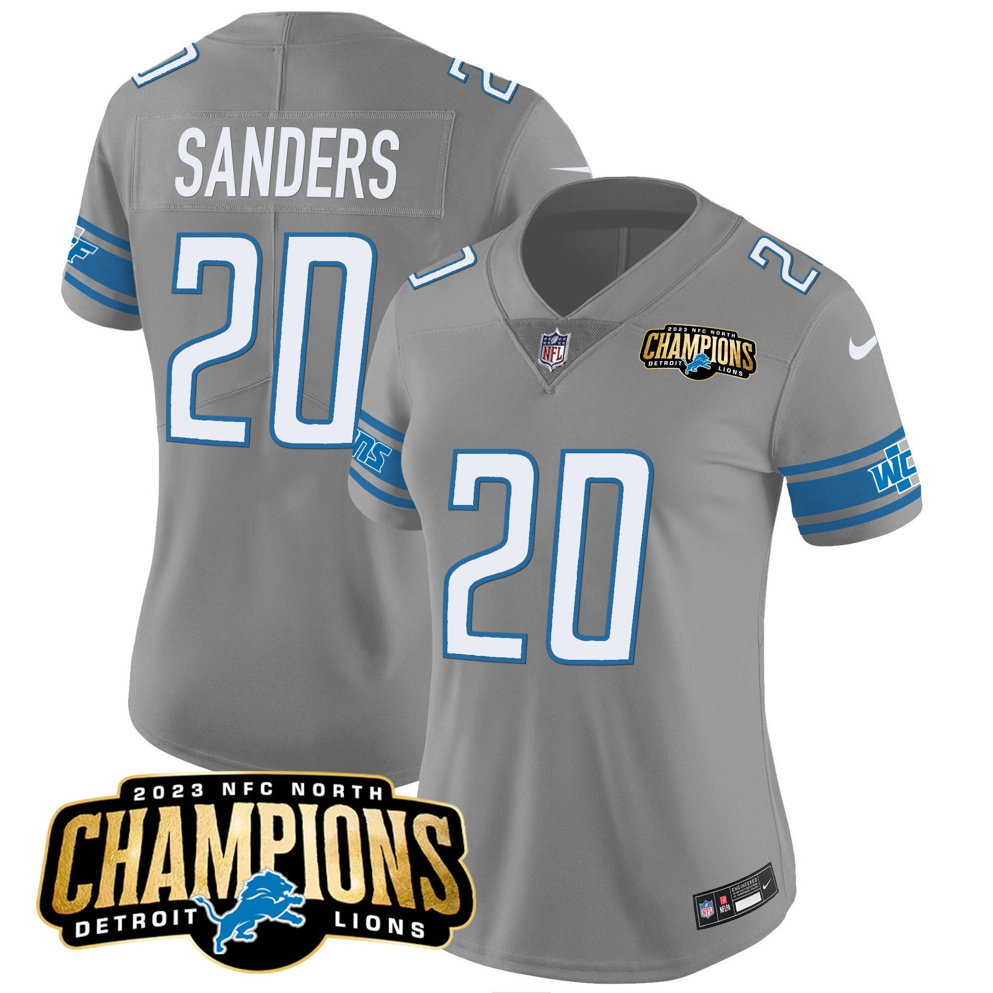 Barry Sanders 20 Detroit Lions 2023 NFC North Champions Patch Women Game Jersey - Gray - myjerseyhub