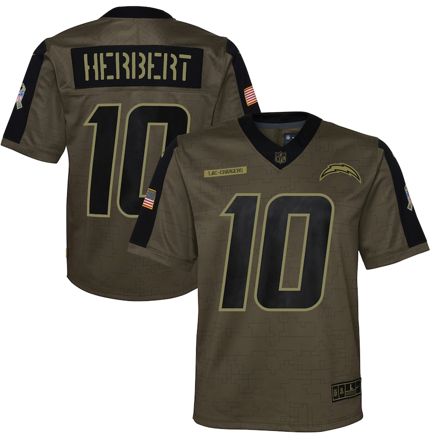 Youth Los Angeles Chargers Justin Herbert Olive 2021 Salute To Service Game Jersey - myjerseyhub